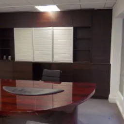 Biuro z zabudową z ciemnego drewna, szafkami z roletami i owalnym biurkiem z połyskiem.