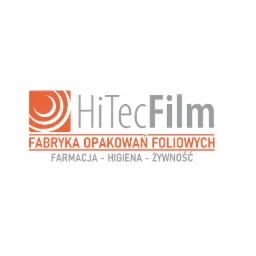 Logo firmy HiTecFilm, producenta opakowań foliowych dla farmacji, higieny i żywności, z pomarańczowym symbolem i szarym napisem.