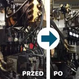 Porównanie stanu instalacji przemysłowej przed i po czyszczeniu, widoczne usunięcie zabrudzeń i nagromadzonego oleju z przewodów i zaworów.