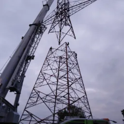 Montaż stalowej konstrukcji wieży energetycznej w Bydgoszczy za pomocą dźwigu, z widocznymi pracownikami na szczycie i na ramieniu dźwigu.