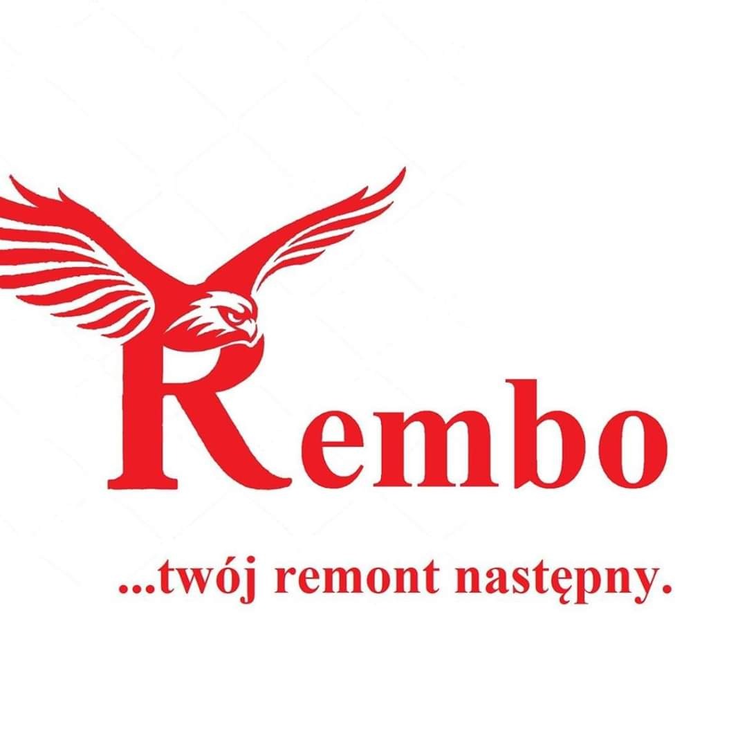Czerwone logo firmy remontowej z orłem w locie i hasłem '...twój remont następny.'