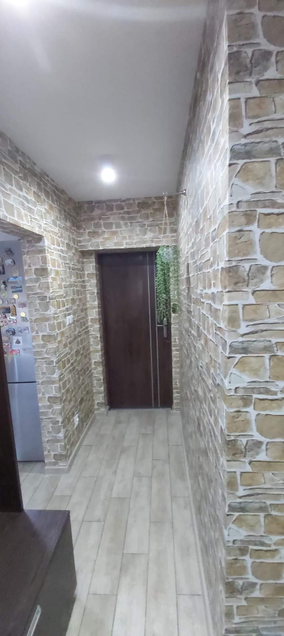 Wąski korytarz z brązowymi drzwiami, wykończony płytkami imitującymi kamień na ścianach i panelami podłogowymi w odcieniach beżu. Dekoracyjna roślina zwisa z haczyka obok drzwi.