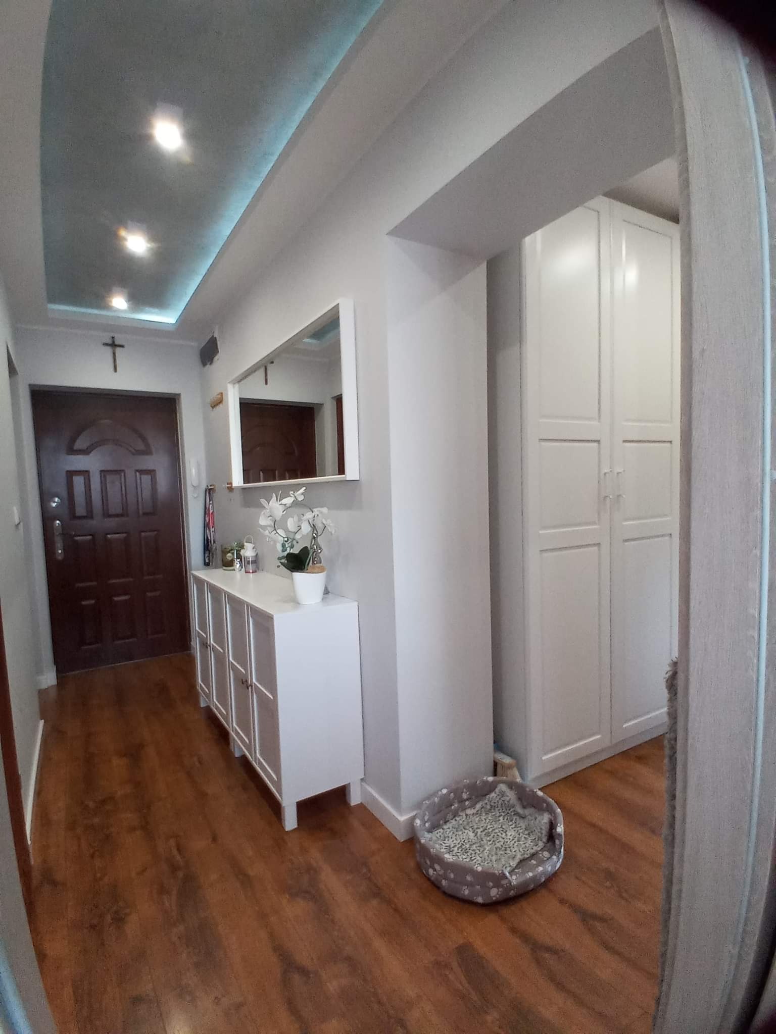 Przedpokój po remoncie: brązowe panele podłogowe, biała komoda z lustrem, biała szafa wnękowa, sufit z oświetleniem LED. Na komodzie dekoracje i sztuczne kwiaty, a na podłodze legowisko dla psa.