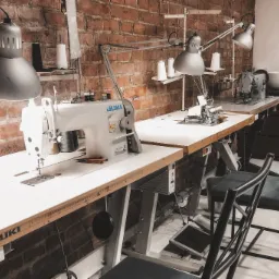 Przestronna pracownia krawiecka z dwoma stanowiskami wyposażonymi w maszyny do szycia JUKI, oświetlona lampami warsztatowymi, z ceglaną ścianą w tle i akcesoriami krawieckimi na półkach.