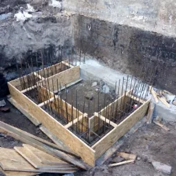 Zbrojenie i szalunek pod wylewkę fundamentów w wykopie, widoczne deski i pręty stalowe.