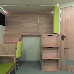 Jakub Pastuszak - Wizualizacja wnętrza pokoju z drewnianymi elementami, zielonymi akcentami i biurkiem, ukazująca koncepcję aranżacji przestrzeni.