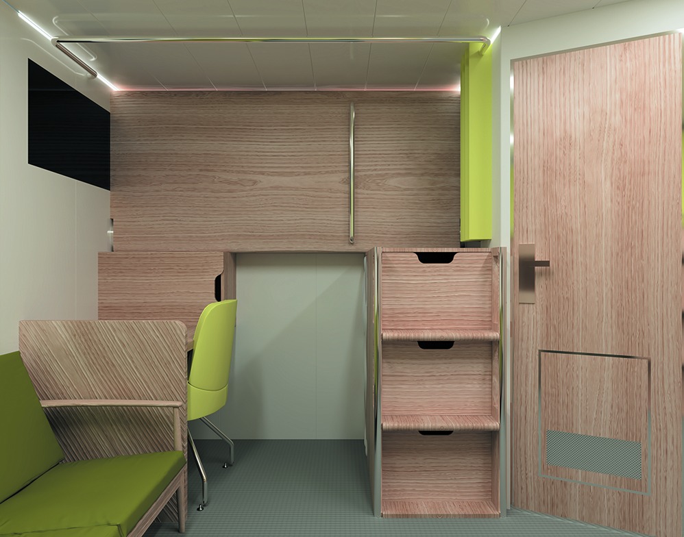 Wizualizacja wnętrza pokoju z drewnianymi elementami, zielonymi akcentami i biurkiem, ukazująca koncepcję aranżacji przestrzeni.