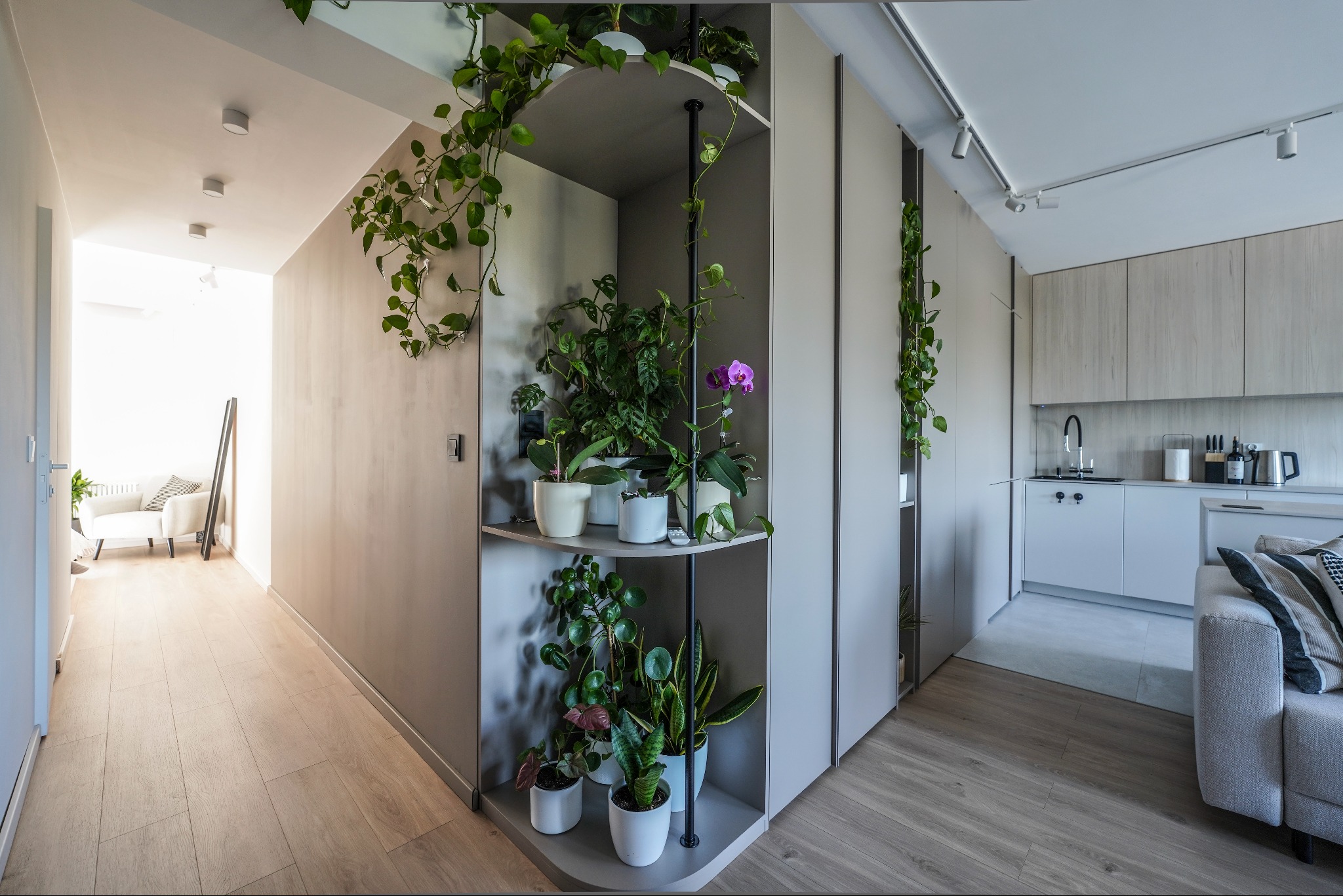 Nowoczesna kuchnia z jasnymi szafkami, roślinami pnącymi i półką na doniczki, tworząca spójną przestrzeń z salonem. Minimalistyczny design i naturalne akcenty.