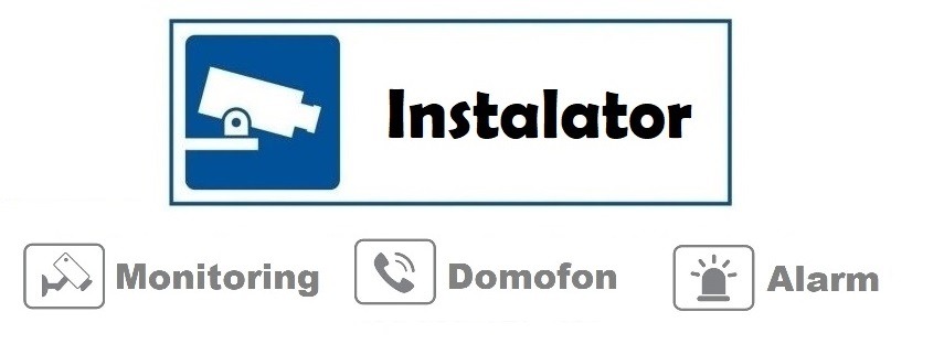 Grafika z symbolem kamery monitoringu i napisem 'Instalator' oraz ikonami: monitoring, domofon, alarm, reprezentująca usługi instalacyjne w Płocku.