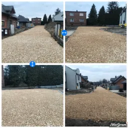 Cztery ujęcia drogi gruntowej wysypanej jasnym kruszywem, obrzeża z kostki, w tle budynki mieszkalne w różnym stanie wykończenia, pochmurne niebo.