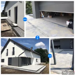 Nowoczesny dom jednorodzinny w Wymysłowie z nowo wyłożonym podjazdem z jasnoszarej kostki brukowej, widok z różnych perspektyw, brama garażowa częściowo otwarta, w tle zieleń.