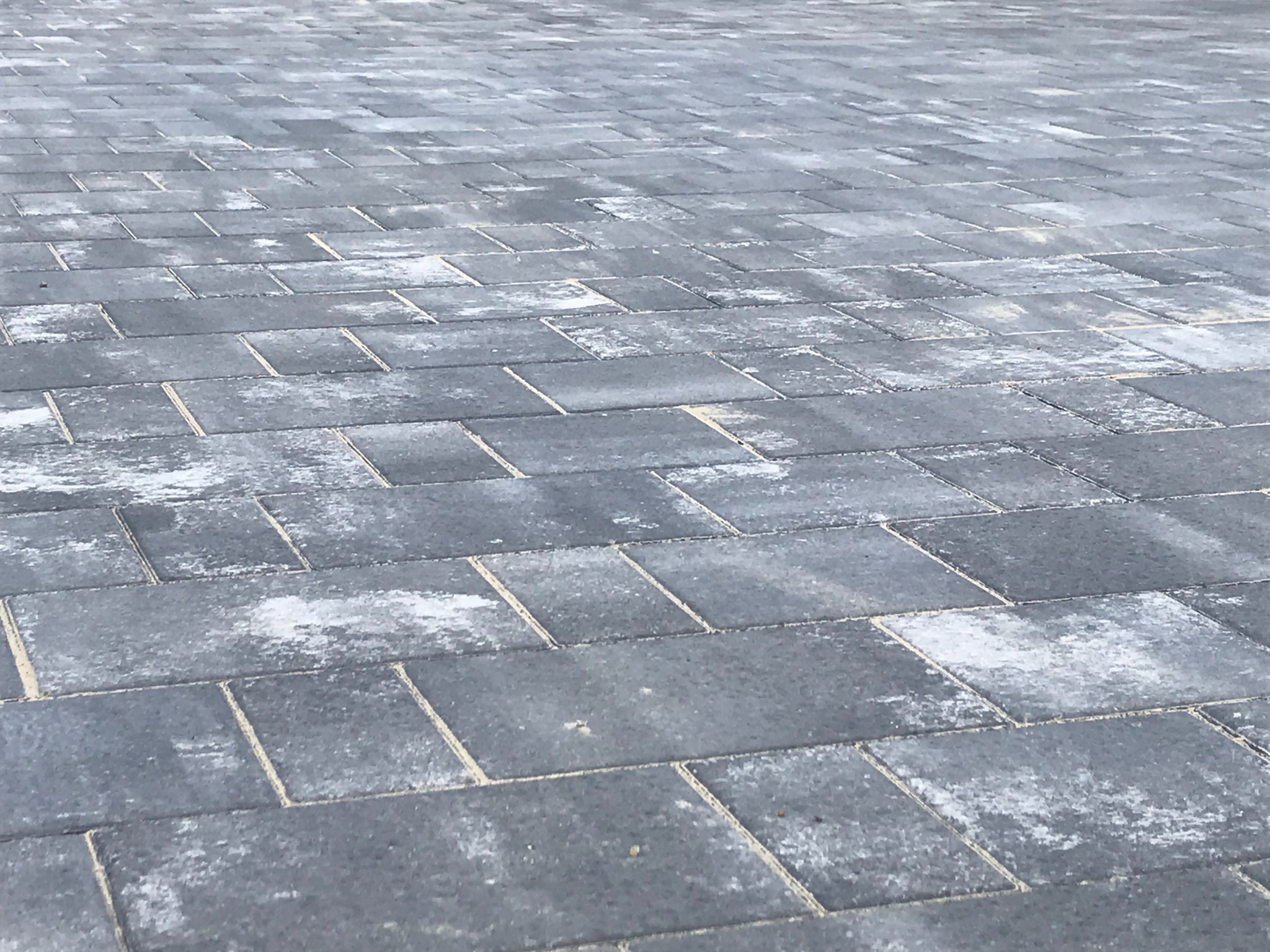 Ułożona, szara kostka brukowa w prostokątnym wzorze, z widocznymi spoinami wypełnionymi piaskiem, lekko wilgotna powierzchnia.