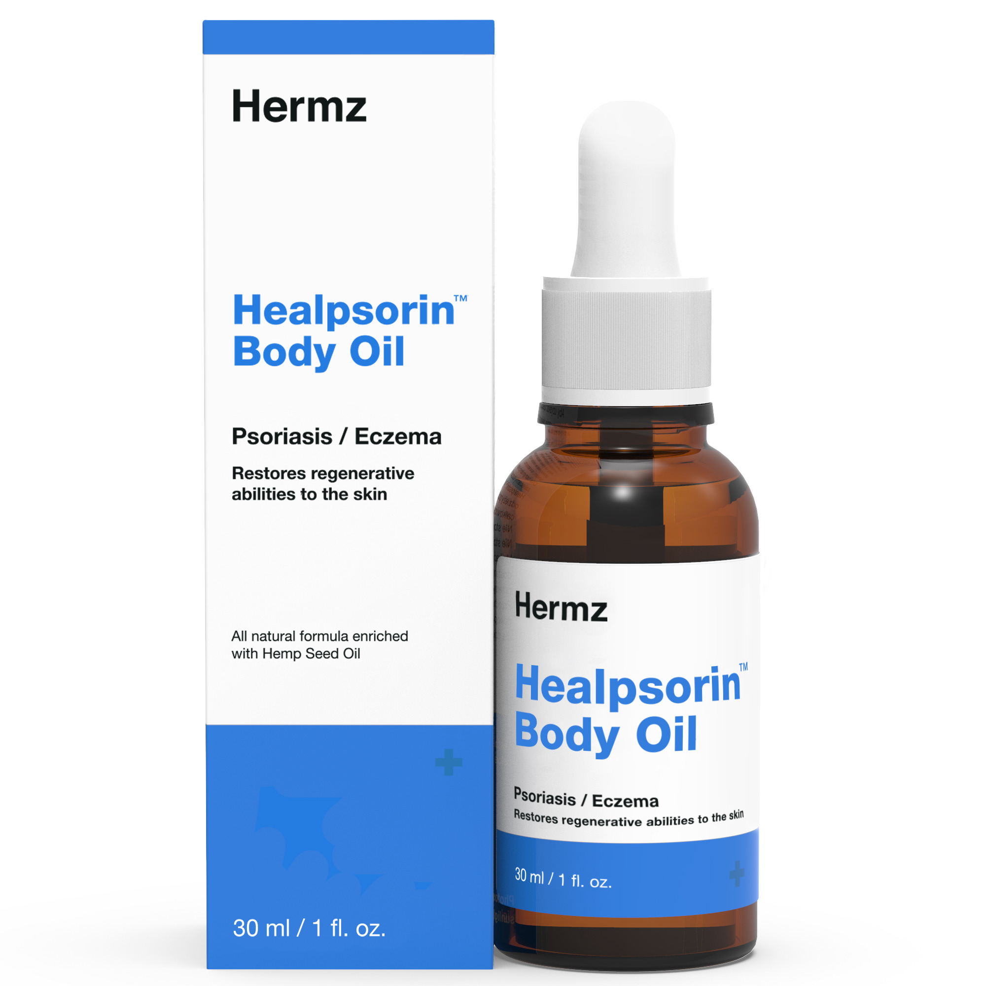 Wizualizacja produktowa Hermz: buteleczka brązowego olejku Healpsorin Body Oil z pipetą obok opakowania w kolorach bieli i błękitu, opisującego właściwości produktu.