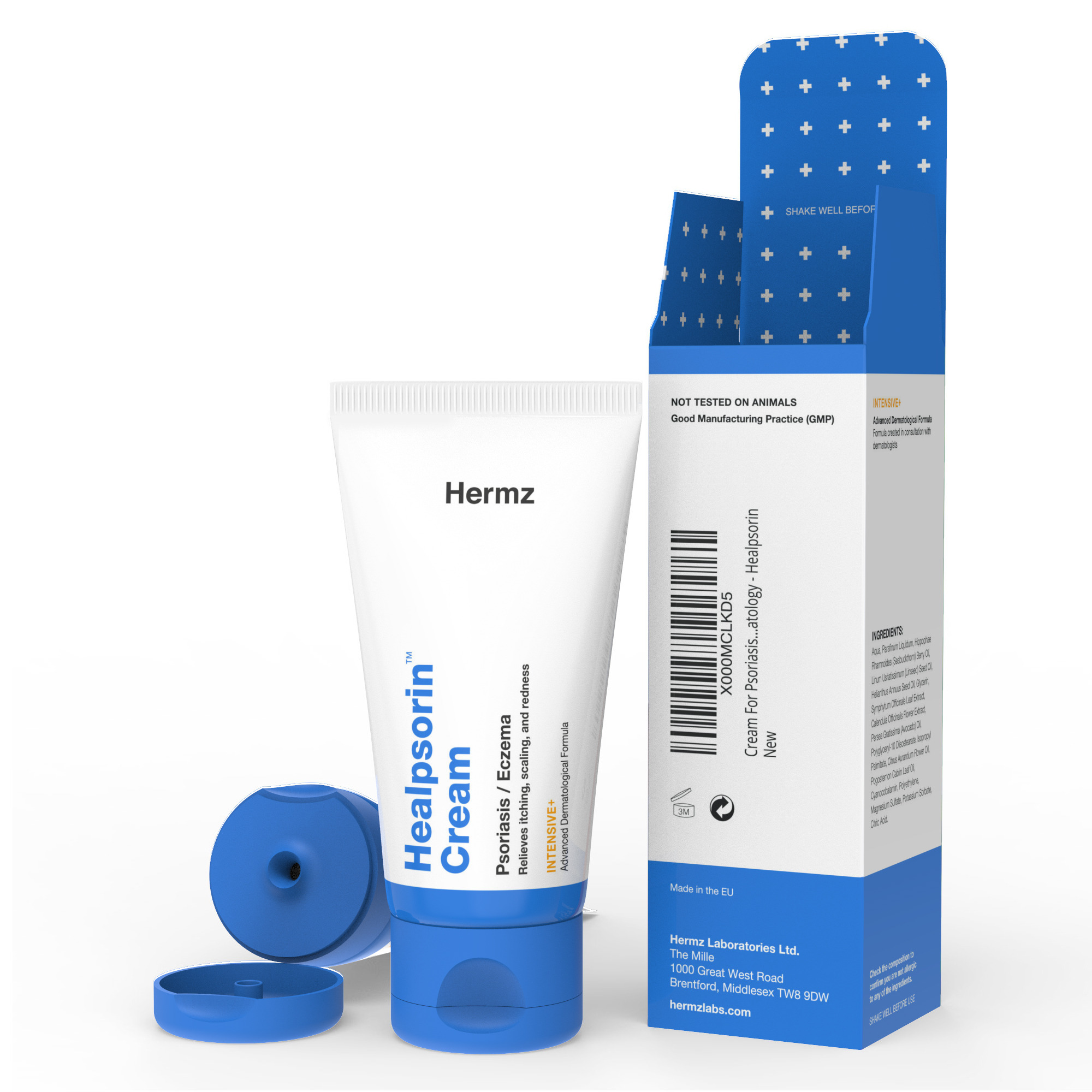 Wizualizacja produktowa kremu Healpsorin marki Hermz w tubce i kartonowym opakowaniu z listą składników.