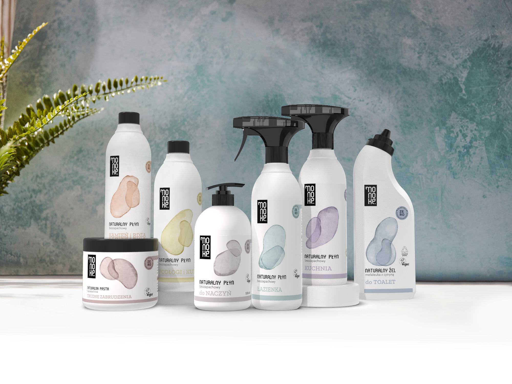 Projekt graficzny opakowań oraz wizualizacje dla firmy produkującej środki czystości - Monoke
