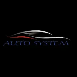 Logo firmy motoryzacyjnej 'Auto System' zarysowane konturem samochodu w kolorach białym, czerwonym i niebieskim na czarnym tle.