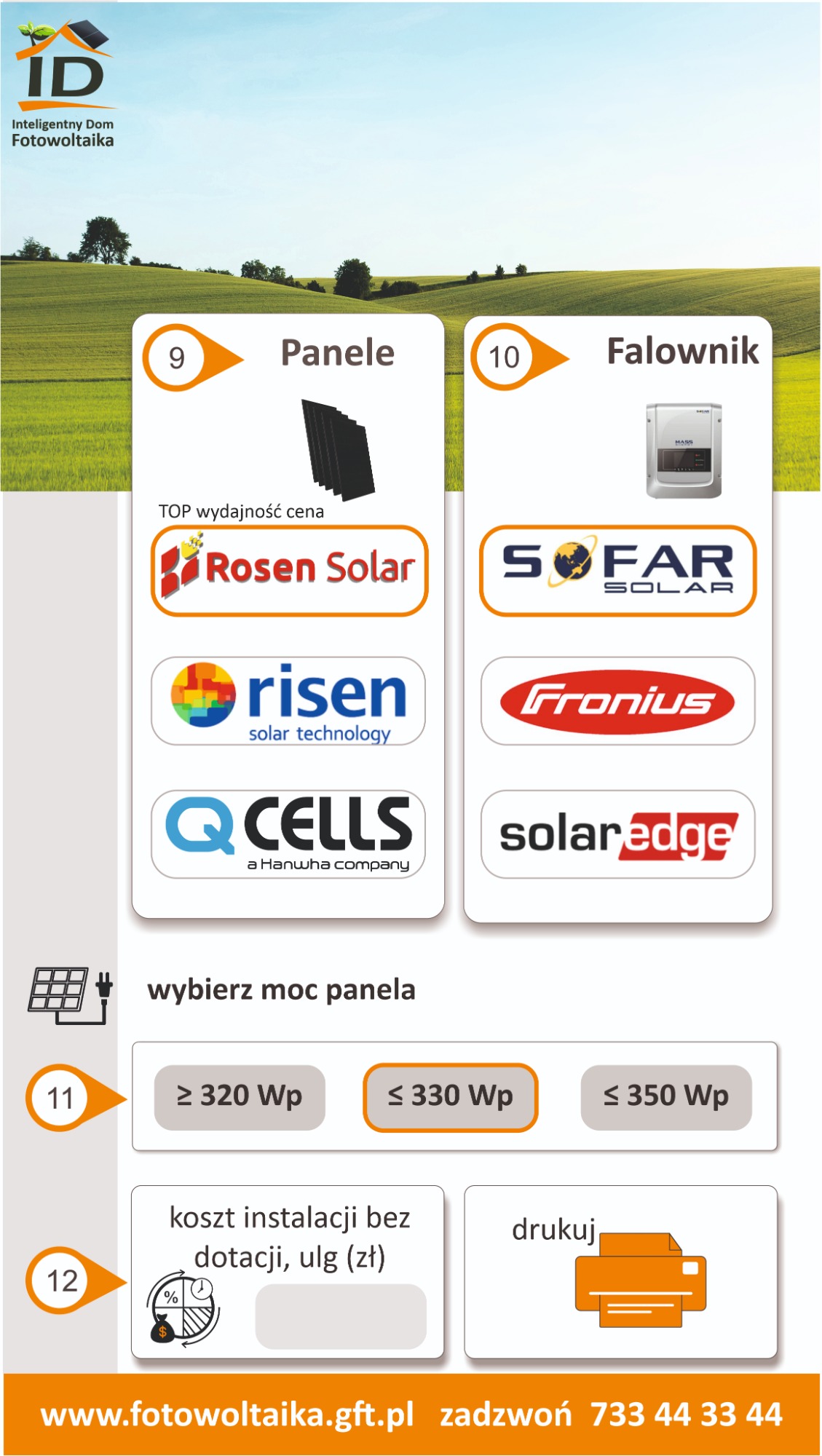 Porównanie paneli i falowników fotowoltaicznych różnych producentów, z informacją o mocy paneli i kosztach instalacji bez dotacji.