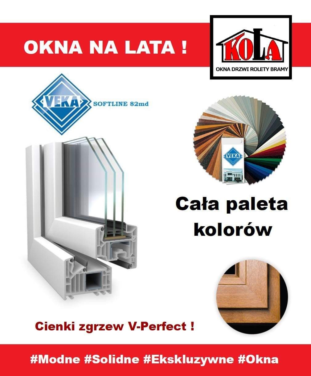 Przekrój profilu okiennego z trzema szybami, prezentacja palety kolorów, logo producenta VEKA i hasła reklamowe na białym tle.