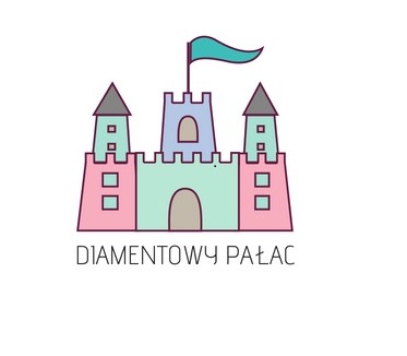 Kolorowa, uproszczona grafika zamku z flagą, podpisana 'DIAMENTOWY PAŁAC'.