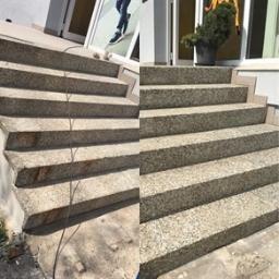 Polfloormax - Schody zewnętrzne z lastryko przed i po renowacji, widoczne wyraźne różnice w czystości i wyglądzie powierzchni stopni.