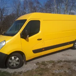 Żółty samochód dostawczy Renault Master zaparkowany na poboczu drogi, z widocznymi drzewami bez liści w tle i fragmentem niebieskiego nieba.