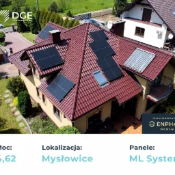 Widok z góry na dom z ciemnoczerwoną dachówką, na której zamontowano czarne panele fotowoltaiczne i kolektor słoneczny; w tle widoczny ogród i sąsiedni dom.