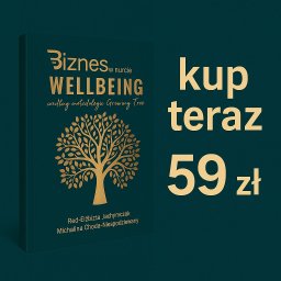 Akademia Kobiecej Przedsiębiorczości - Okładka książki 'Biznes w nurcie Wellbeing' z grafiką złotego drzewa i napisem 'Kup teraz 59 zł' na ciemnozielonym tle. Promocja książki o wellbeing w biznesie.