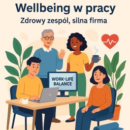 Akademia Kobiecej Przedsiębiorczości - Ilustracja: Zespół w biurze, monitor z napisem 'Work-Life Balance', roślina doniczkowa. Koncepcja wellbeing w pracy i zdrowego zespołu.