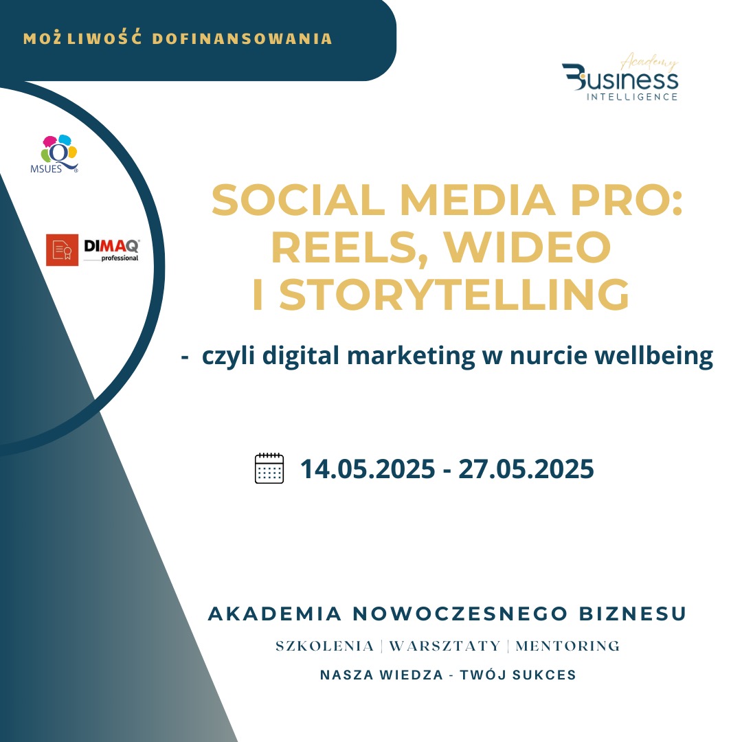 Grafika promująca szkolenie Social Media Pro: Reels, Wideo i Storytelling, organizowane przez Akademię Nowoczesnego Biznesu w dniach 14-27.05.2025.