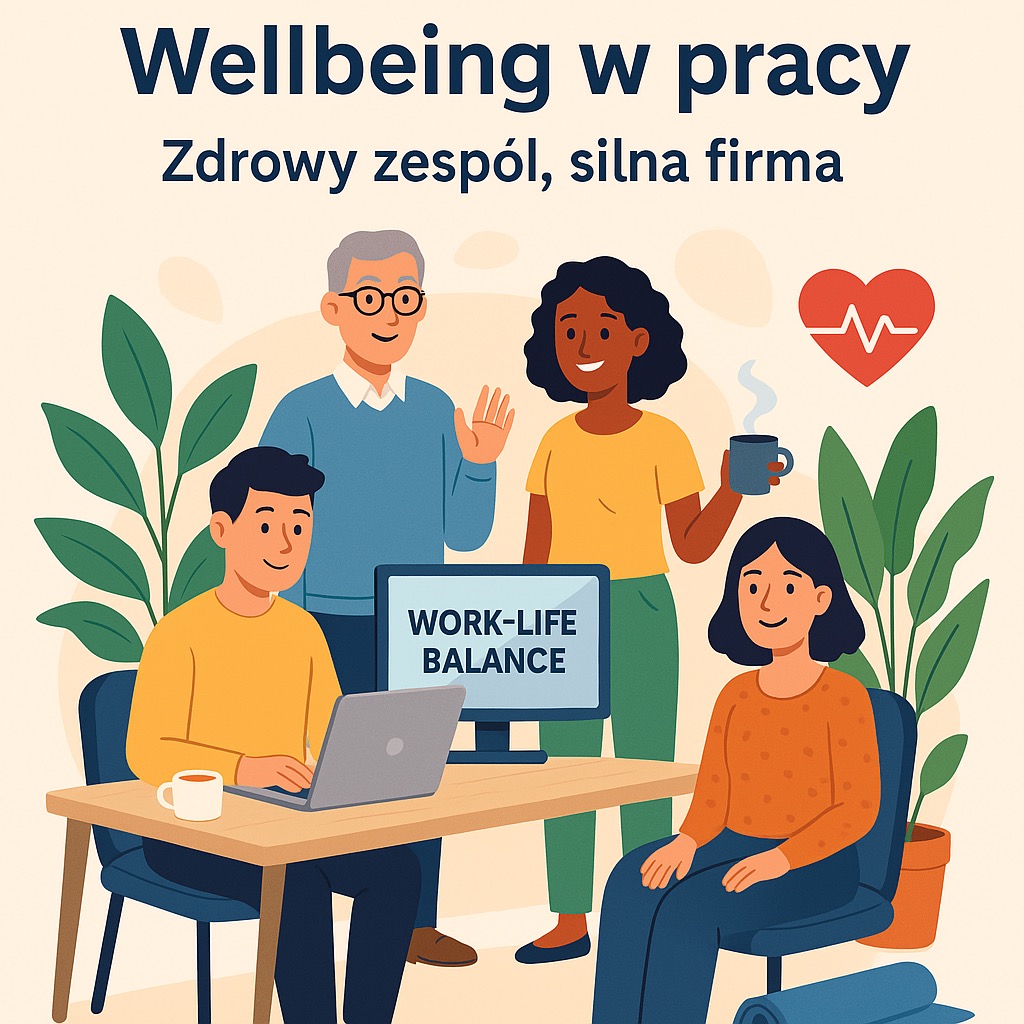 Ilustracja: Zespół w biurze, monitor z napisem 'Work-Life Balance', roślina doniczkowa. Koncepcja wellbeing w pracy i zdrowego zespołu.