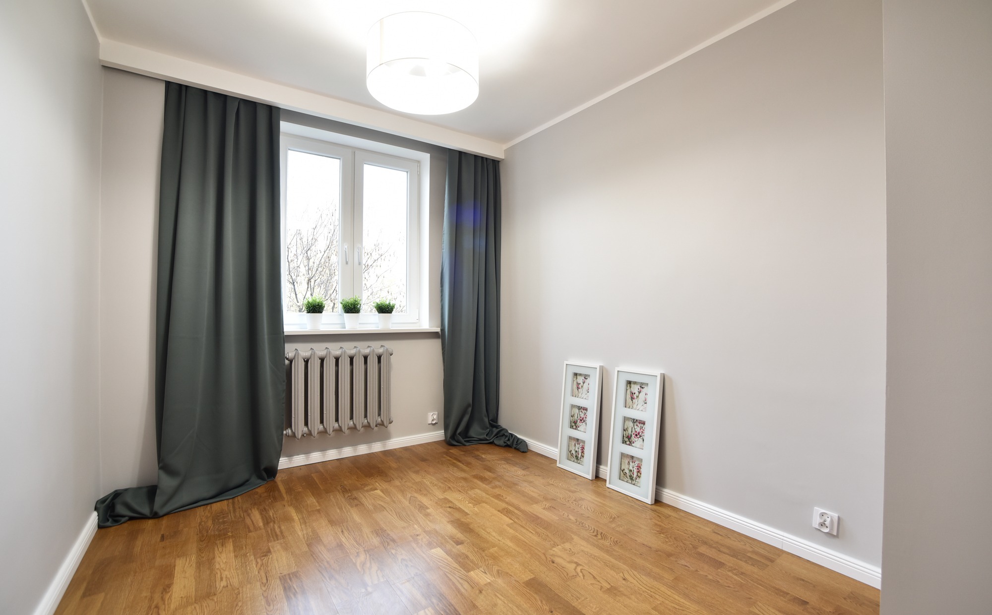 Jasne wnętrze pokoju po odświeżeniu, z parkietem, szarymi ścianami, grzejnikiem, oknem z zielonymi roślinami, ciemnymi zasłonami i dwiema białymi ramkami na zdjęcia opartymi o ścianę.