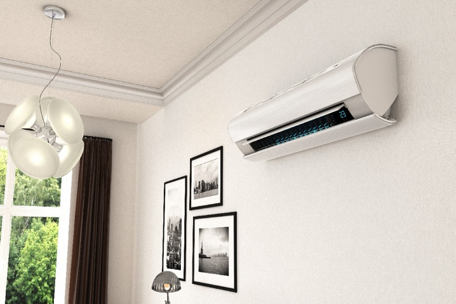 Nowoczesny klimatyzator ścienny z wyświetlaczem temperatury 23 stopnie Celsjusza, zamontowany w salonie w Rybniku, widoczne czarno-białe obrazy na ścianie i designerska lampa wisząca.