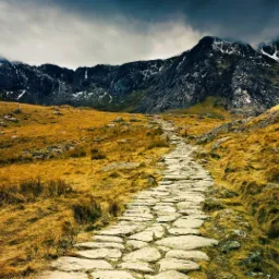 Kamienista ścieżka prowadzi przez wyschnięte, trawiaste zbocze w kierunku skalistych gór z resztkami śniegu pod ciemnym, pochmurnym niebem.