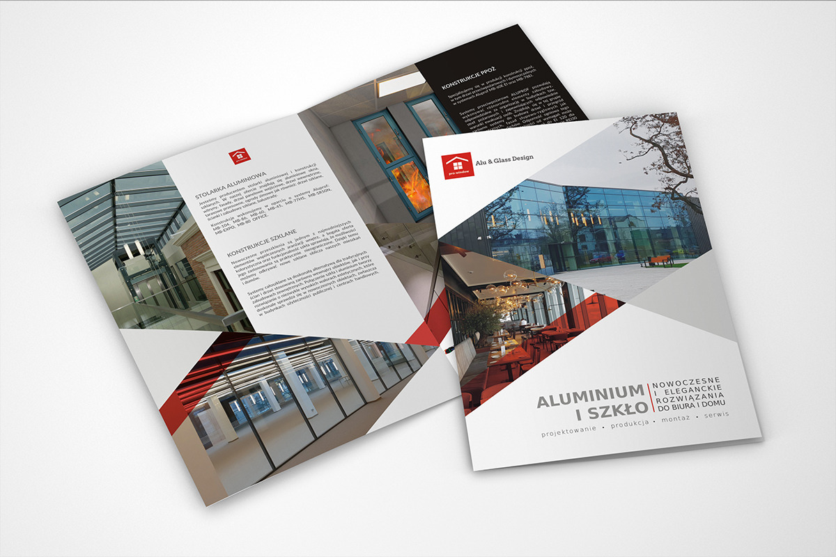 Katalog firmy Alu & Glass Design prezentujący aluminiowe i szklane konstrukcje budowlane, w tym stolarkę aluminiową i przeszklenia, z widocznymi realizacjami biurowców i wnętrz.