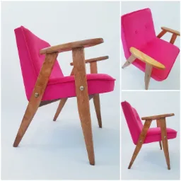 Różowy fotel tapicerowany w stylu retro z drewnianymi nogami i podłokietnikami, prezentowany z trzech różnych perspektyw na białym tle.