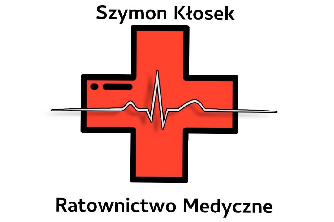 Czerwony krzyż z linią EKG, nazwa firmy Szymon Kłosek Ratownictwo Medyczne.