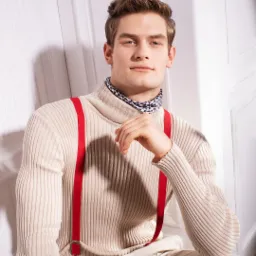 Portret mężczyzny w beżowym golfie, czerwonych szelkach i wzorzystej apaszce, siedzącego na podłodze pod ścianą w jasnym świetle.