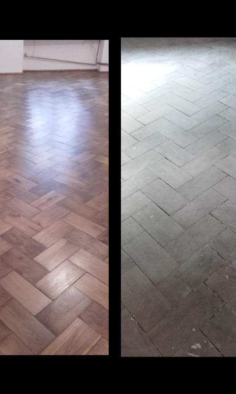 Porównanie fragmentu podłogi z parkietu ułożonego w jodełkę przed i po renowacji; po lewej stronie odnowiona, błyszcząca powierzchnia, po prawej stronie surowe, szare drewno.