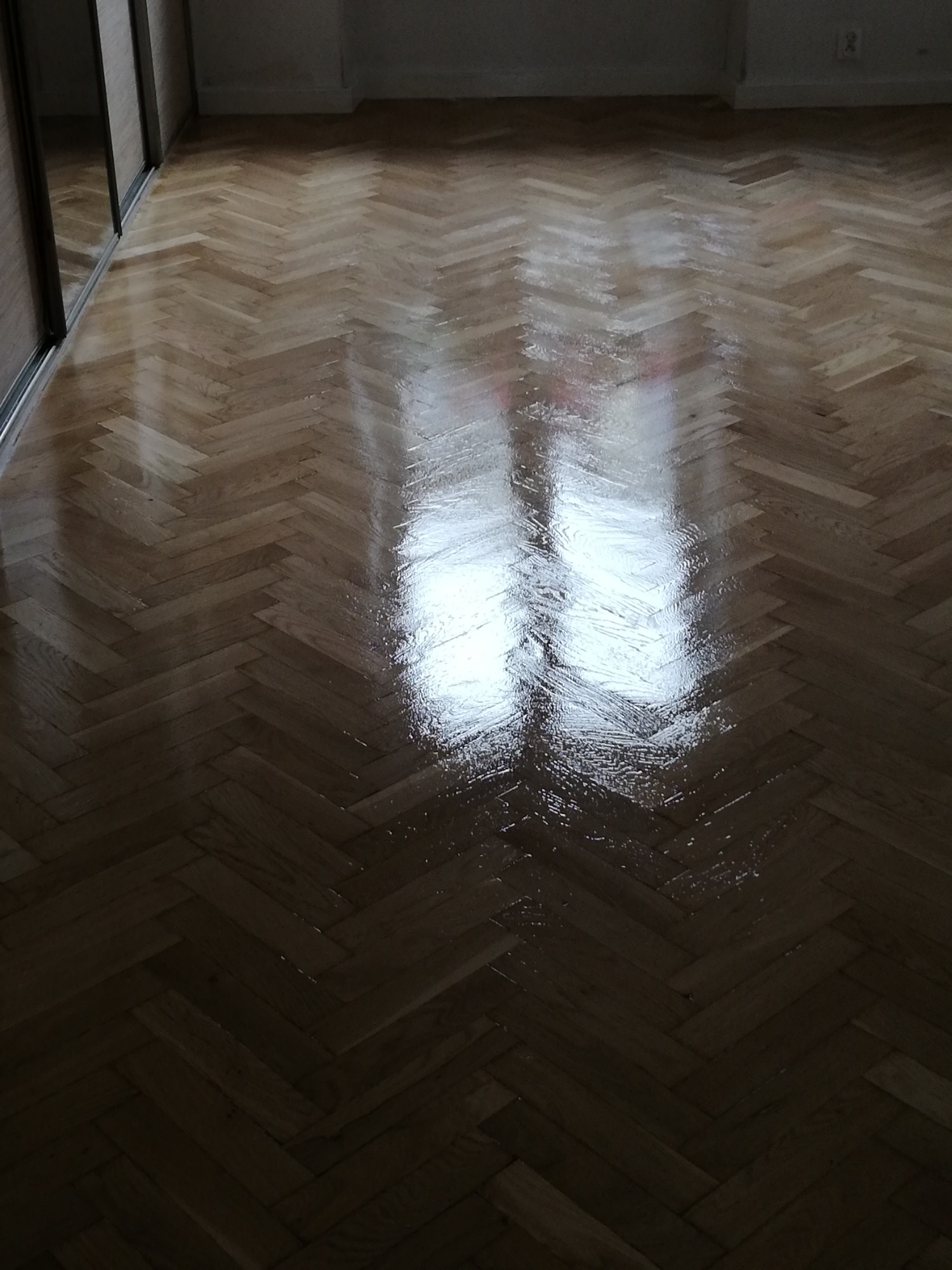 Parkiet ułożony w jodełkę, świeżo po lakierowaniu, z widocznym odbiciem okna i mokrą powierzchnią.