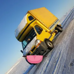 Żółty samochód dostawczy z plandeką, częściowo pokryty śniegiem, stojący na zasypanej śniegiem drodze w słoneczny dzień.