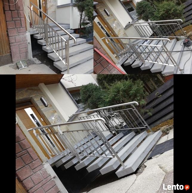Zewnętrzne schody z szarych płyt z nowoczesną metalową barierką, widok z różnych perspektyw.