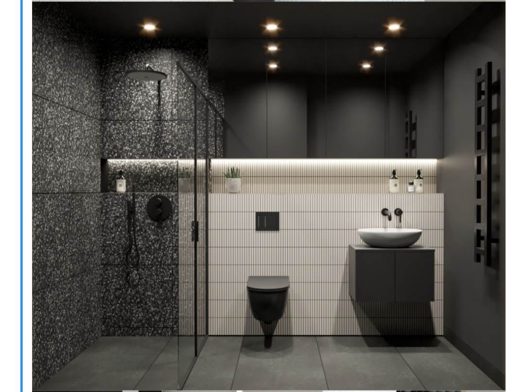 Nowoczesna łazienka w ciemnej kolorystyce z kabiną prysznicową wykończoną płytkami lastryko, wiszącą miską WC i umywalką nablatową na szafce.