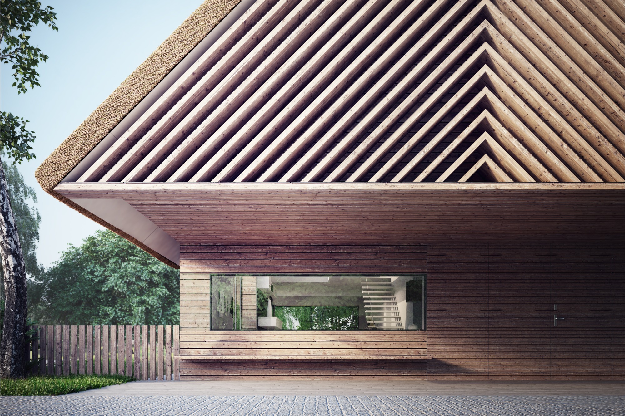 Nowoczesny budynek z drewnianą elewacją i strzechą, widok z zewnątrz, ukazujący detale konstrukcyjne i minimalistyczny design.