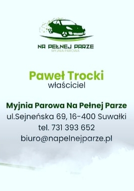 Wizytówka myjni parowej z zielonym logo samochodu i napisem 'Na Pełnej Parze' oraz danymi kontaktowymi: adres, telefon, e-mail.
