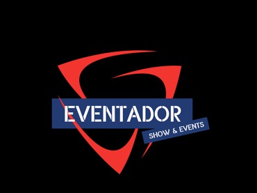 Logo firmy Eventador Show & Events z czerwonym, stylizowanym symbolem graficznym przypominającym literę 'G' wkomponowanym w niebieski prostokąt z nazwą firmy na czarnym tle.