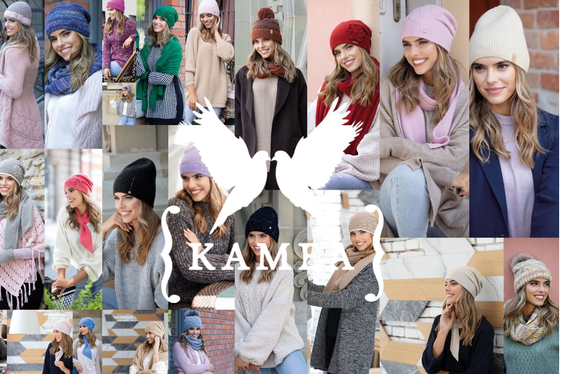 Kolaż portretów uśmiechniętej modelki prezentującej różnorodne czapki zimowe i szaliki w różnych kolorach i stylach, nałożony znak wodny z sylwetkami gołębi i napisem 'KAMEA'.