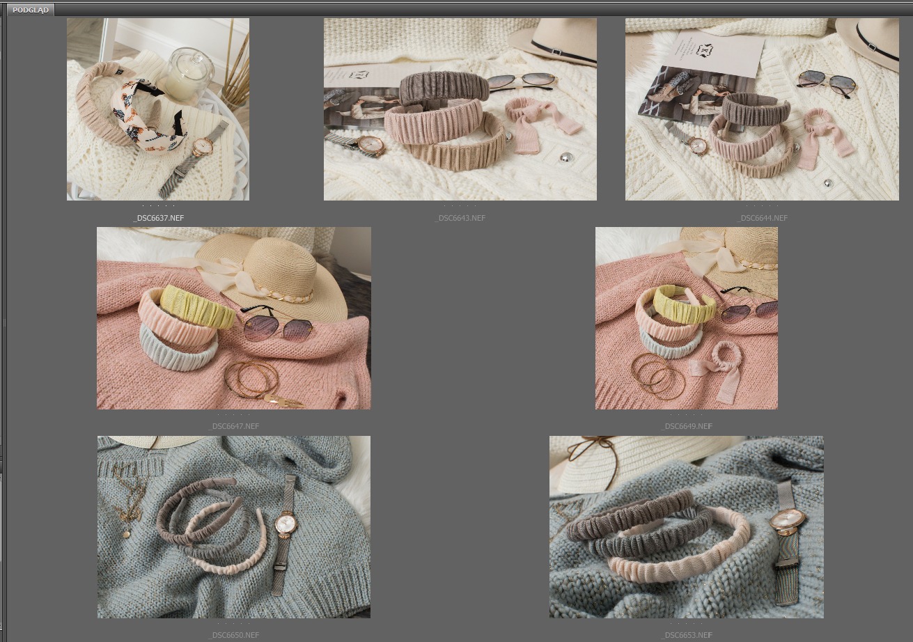 Zestawienie damskich opasek do włosów w różnych kolorach i stylach, ułożonych na swetrach i dzianinach, uzupełnionych o dodatki takie jak zegarki, kapelusze i okulary przeciwsłoneczne.