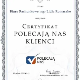 Certyfikat 'Polecają Nas Klienci' dla Biura Rachunkowego mgr Lidii Romaszko, wydany we Wrocławiu 2022-01-21, podpisany przez Karola Grygiela, Członka Zarządu Oferteo sp. z o.o.