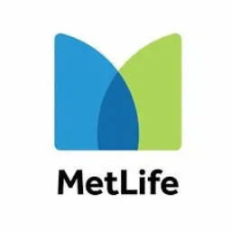 Logo firmy MetLife z charakterystycznym niebiesko-zielonym symbolem przypominającym dwa wzgórza i napisem 'MetLife' poniżej.
