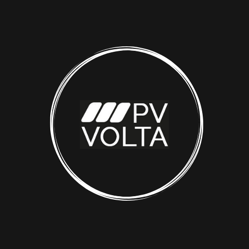 Logo firmy PV Volta w białym okręgu na czarnym tle.